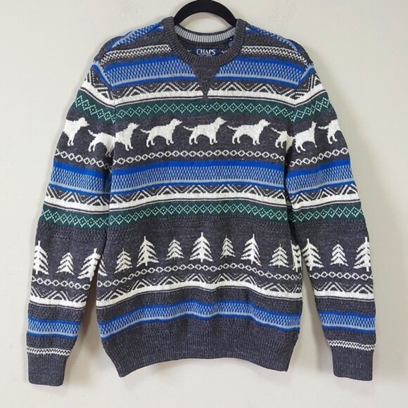 Chaps Men Sweater Medium Gray Blue Academia Crewneck Christmas Cozy Long Sleeve - Picture 1 of 8